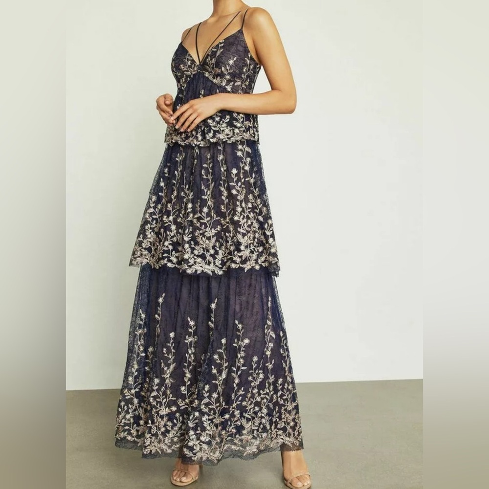 $588 NWT BCBGMAXAZRIA Floral Blooms Metallic Embroidered Ruffle Gown - Picture 5 of 16